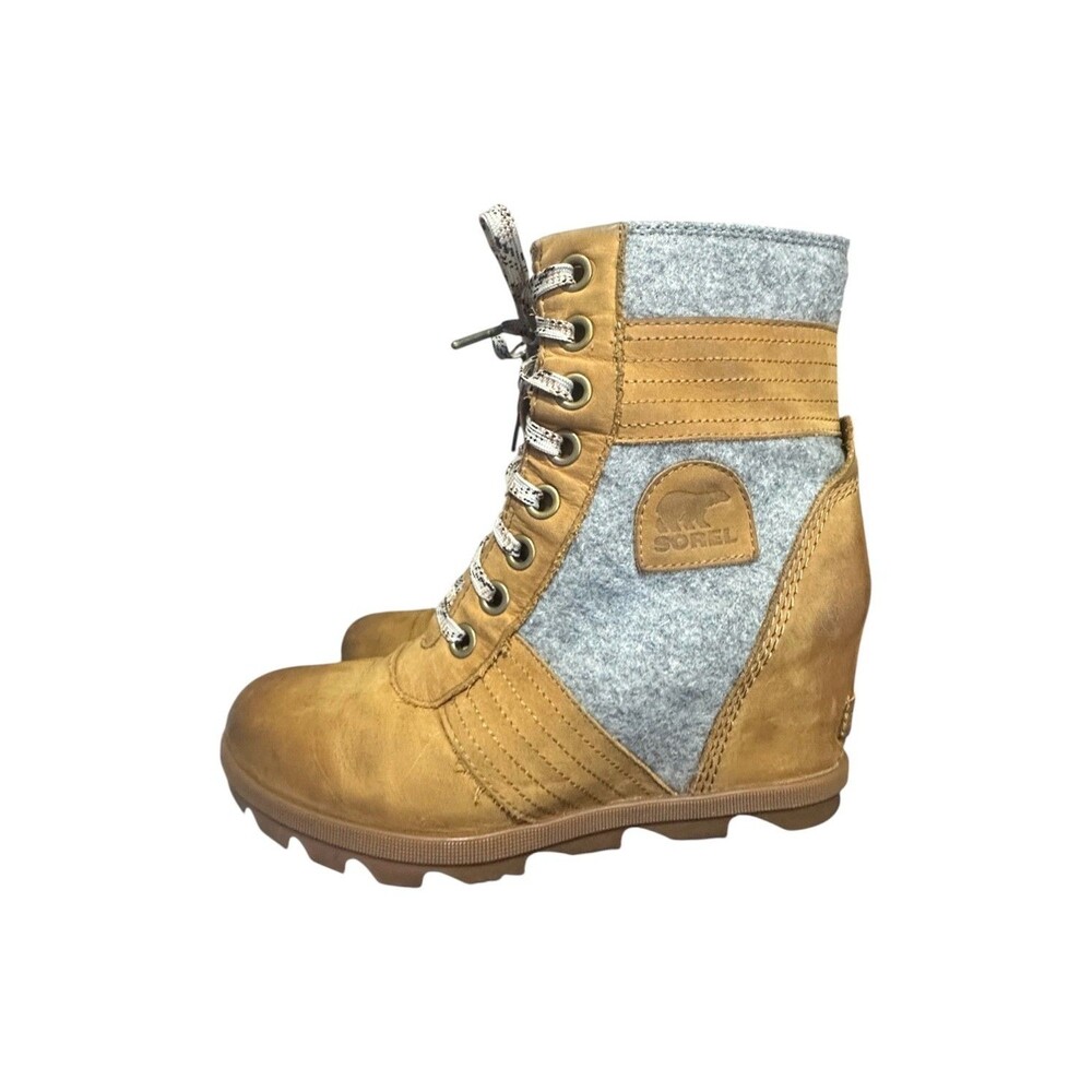 Sorel PDX Lexie Leather Wedge Boot Women Size 10.5 Tobacco Brown Gray Boho Ankle